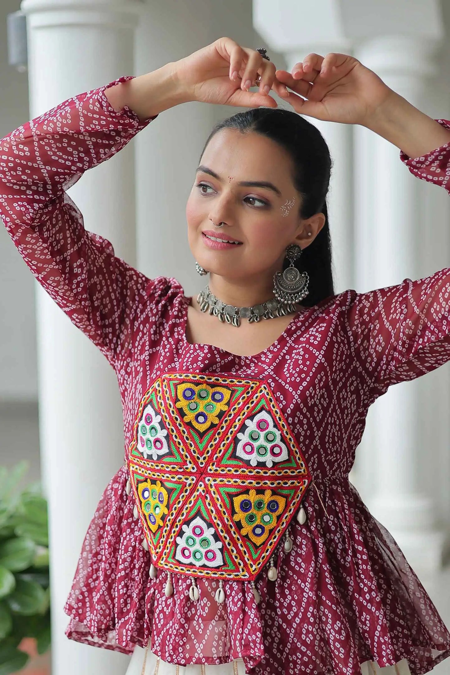 Maroon Bandhani Print With Gamtthi Patch Work Top With Lehenga For Navratri