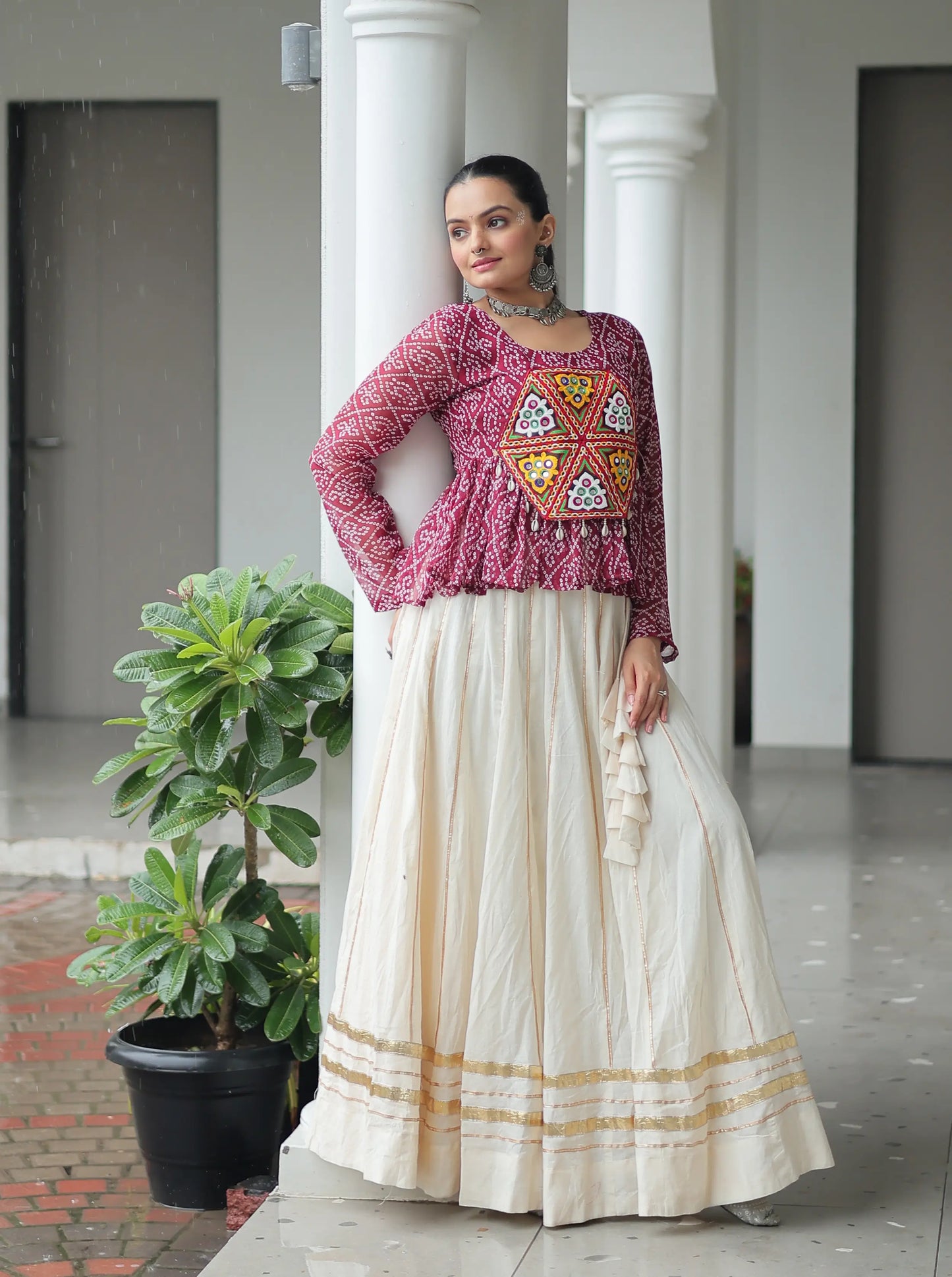 Maroon Bandhani Print With Gamtthi Patch Work Top With Lehenga For Navratri