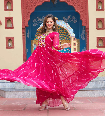 Dark Pink Laheriya Print With Kutchi Patch Work Navratri Gown
