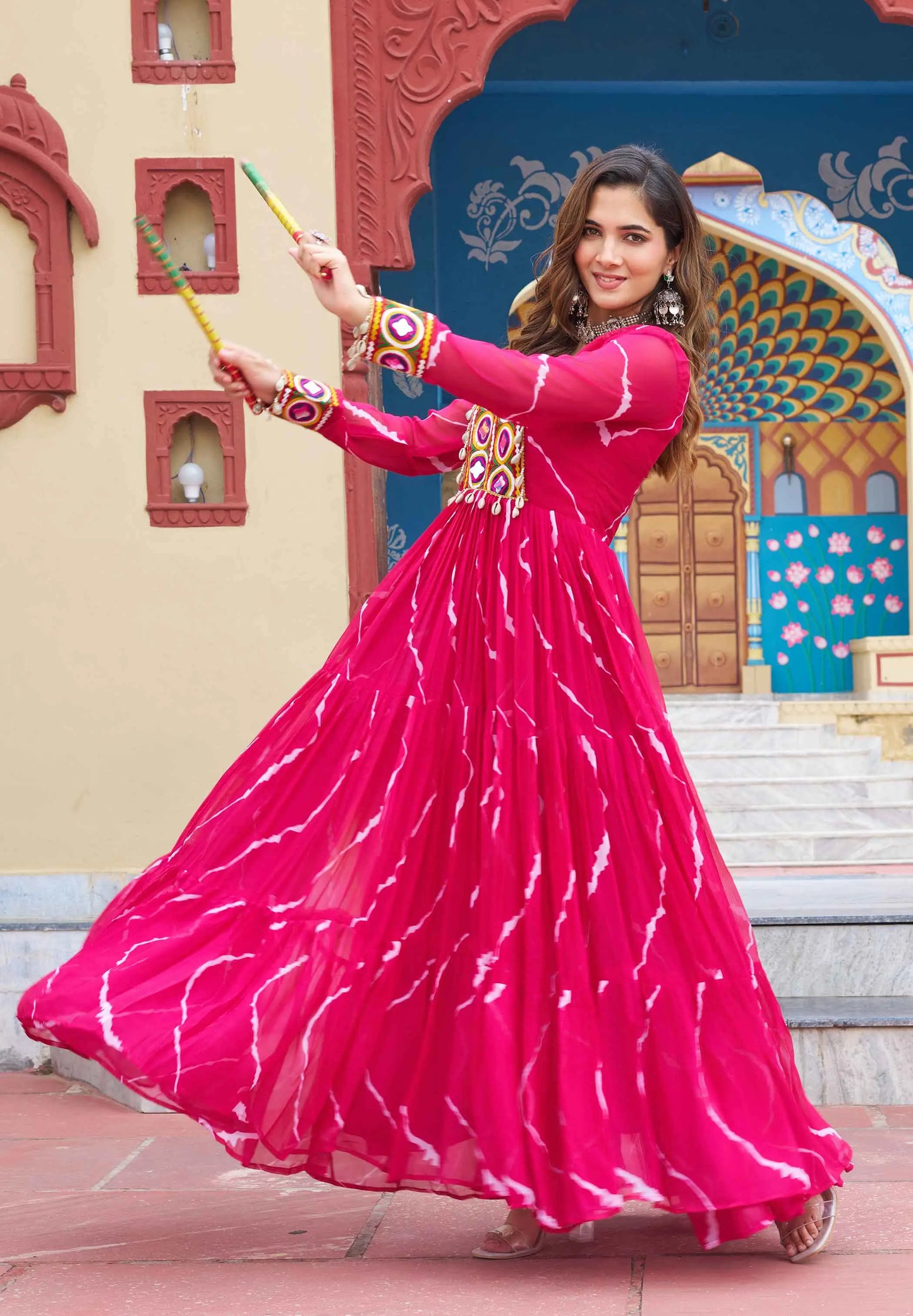 Dark Pink Laheriya Print With Kutchi Patch Work Navratri Gown