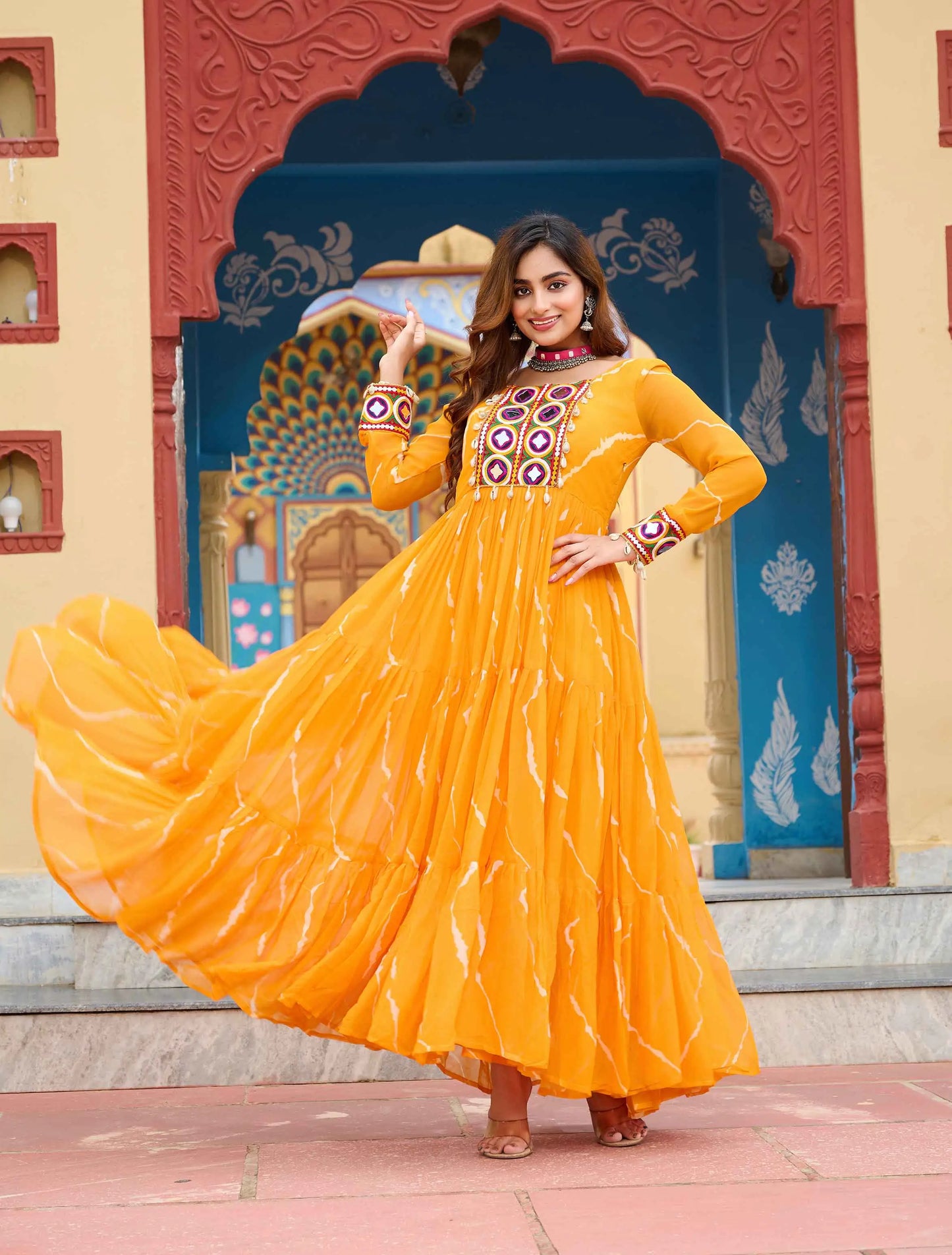 Yellow Laheriya Print With Kutchi Patch Work Navratri Gown