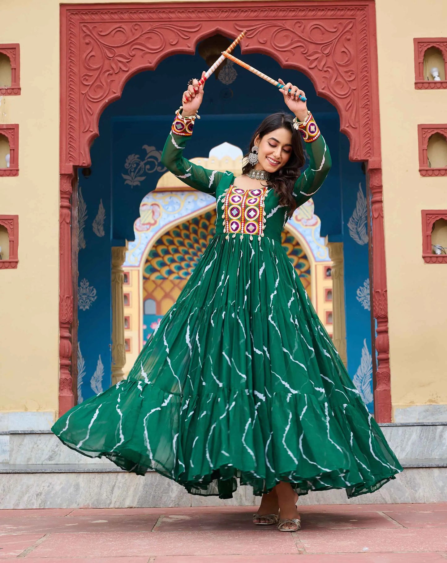 Dark Green Laheriya Print With Kutchi Patch Work Navratri Gown