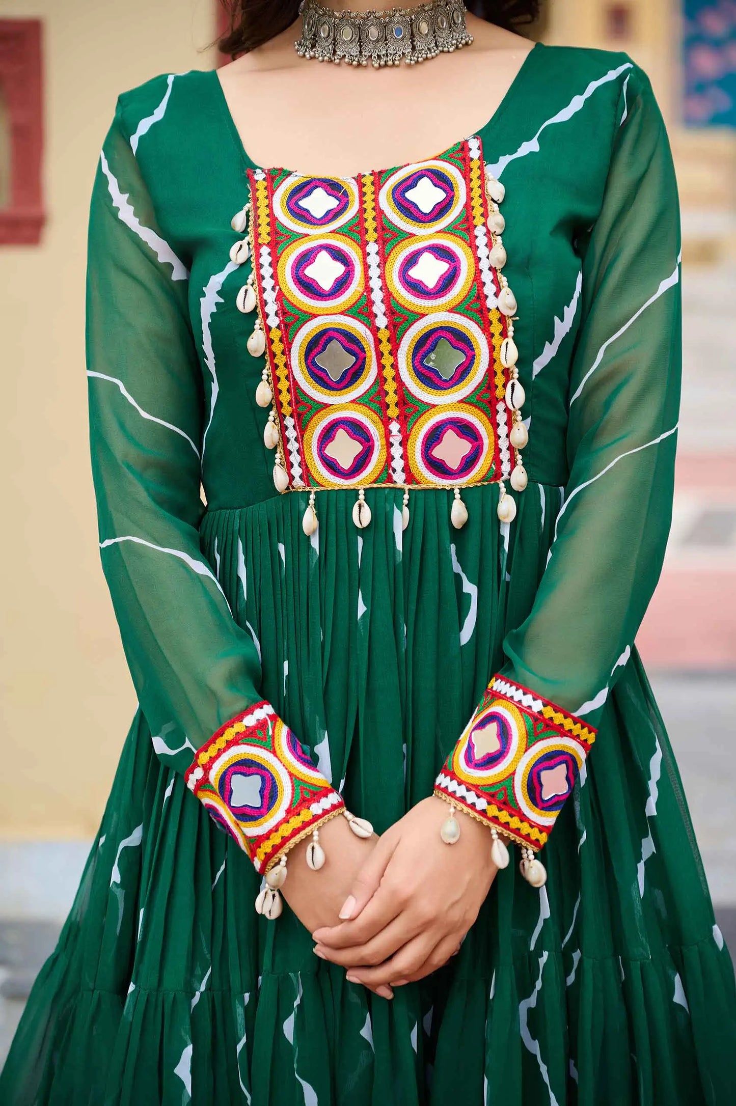 Dark Green Laheriya Print With Kutchi Patch Work Navratri Gown