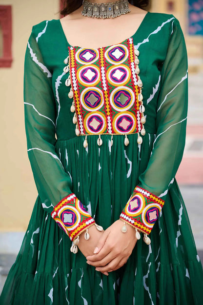 Dark Green Laheriya Print With Kutchi Patch Work Navratri Gown