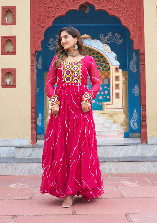 Dark Pink Laheriya Print With Kutchi Patch Work Navratri Gown