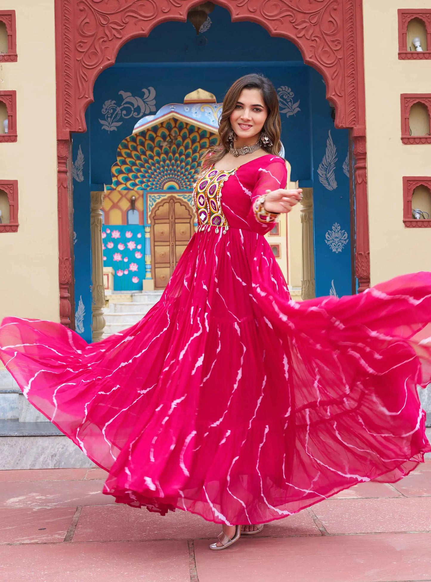 Dark Pink Laheriya Print With Kutchi Patch Work Navratri Gown