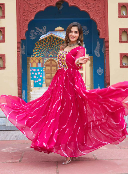 Dark Pink Laheriya Print With Kutchi Patch Work Navratri Gown