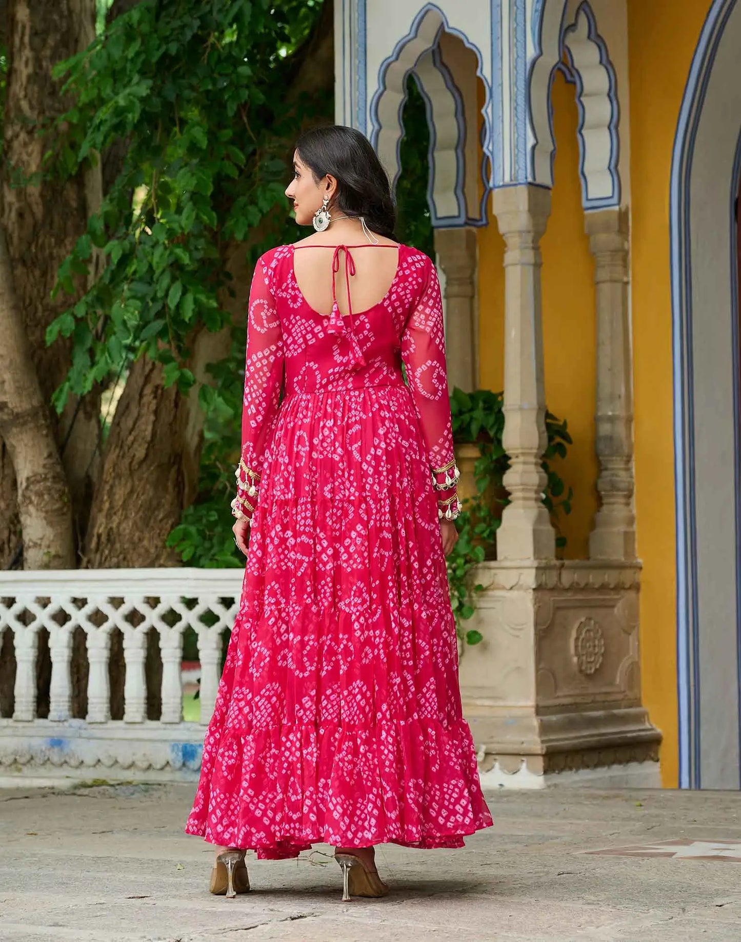 Pink Bandhani Print With Kutchi Patch Work Navratri Gown