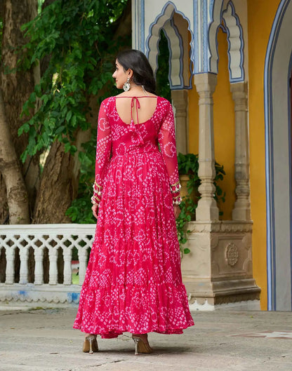Pink Bandhani Print With Kutchi Patch Work Navratri Gown