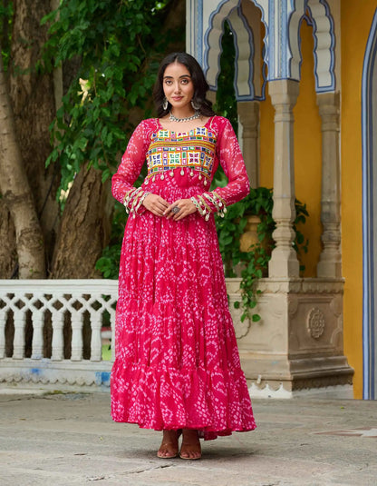 Pink Bandhani Print With Kutchi Patch Work Navratri Gown