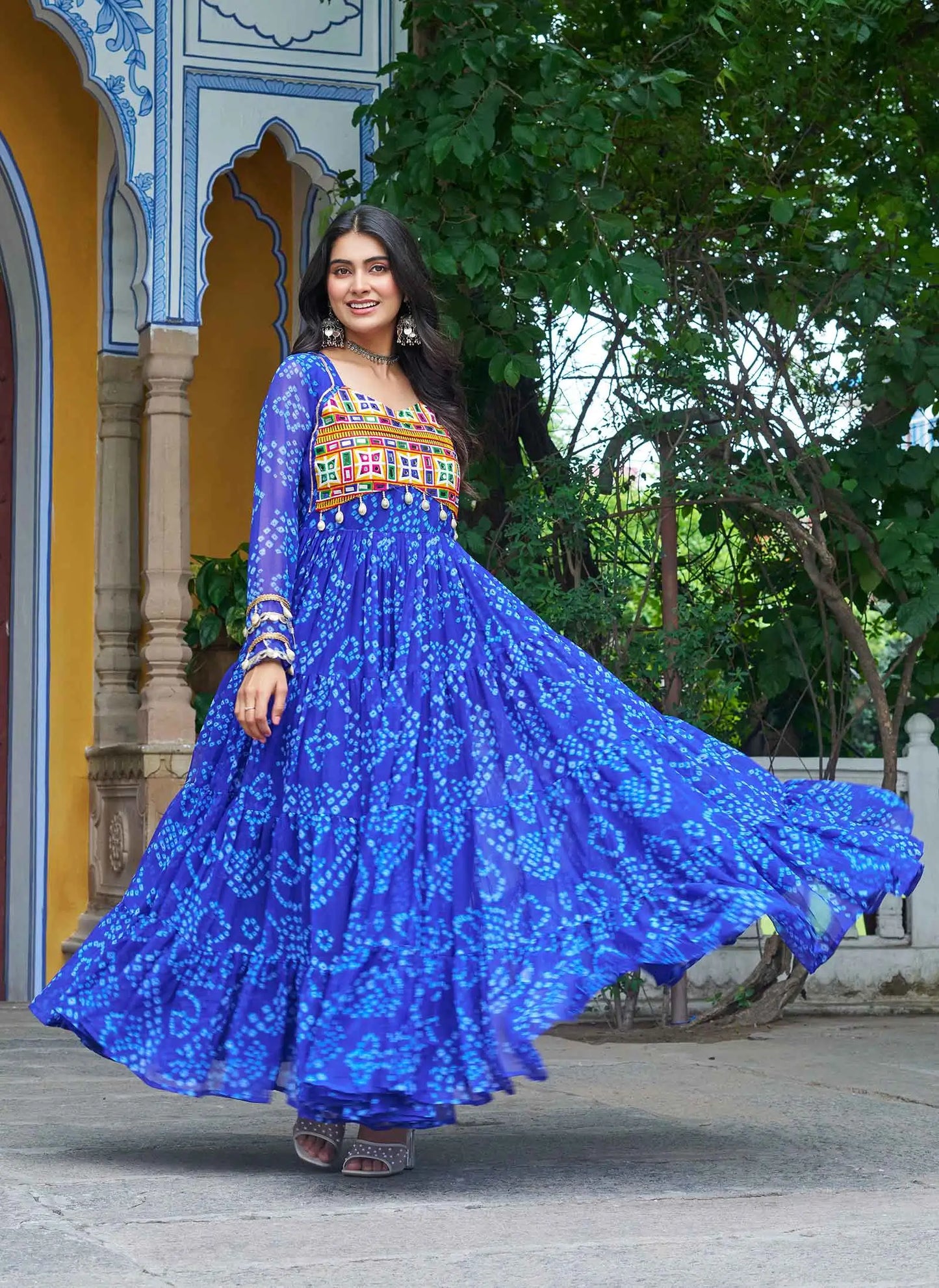 Royal Blue Bandhani Print With Kutchi Patch Work Navratri Gown