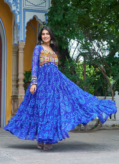 Royal Blue Bandhani Print With Kutchi Patch Work Navratri Gown