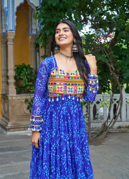 Royal Blue Bandhani Print With Kutchi Patch Work Navratri Gown