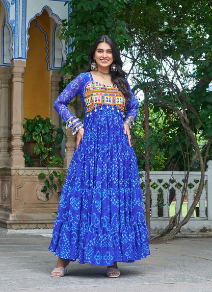 Royal Blue Bandhani Print With Kutchi Patch Work Navratri Gown