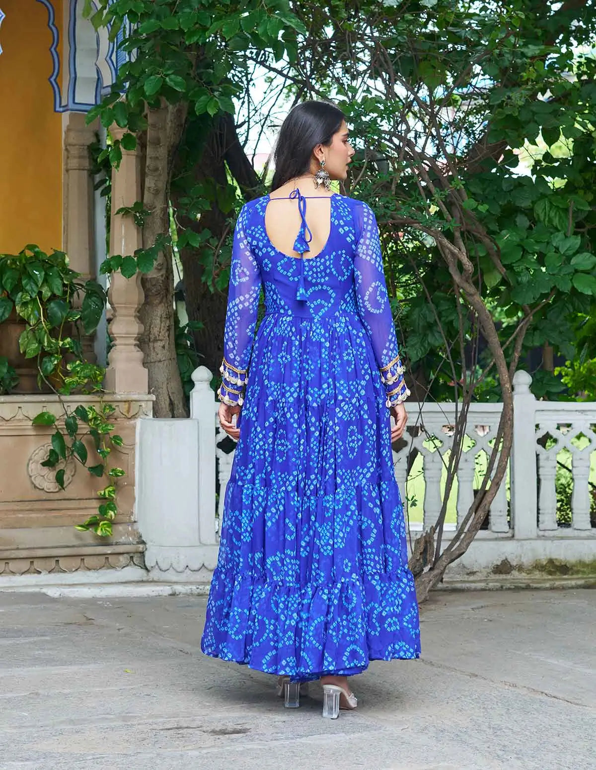 Royal Blue Bandhani Print With Kutchi Patch Work Navratri Gown