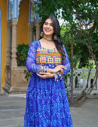 Royal Blue Bandhani Print With Kutchi Patch Work Navratri Gown