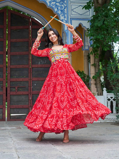 Red Bandhani Print With Kutchi Patch Work Navratri Gown