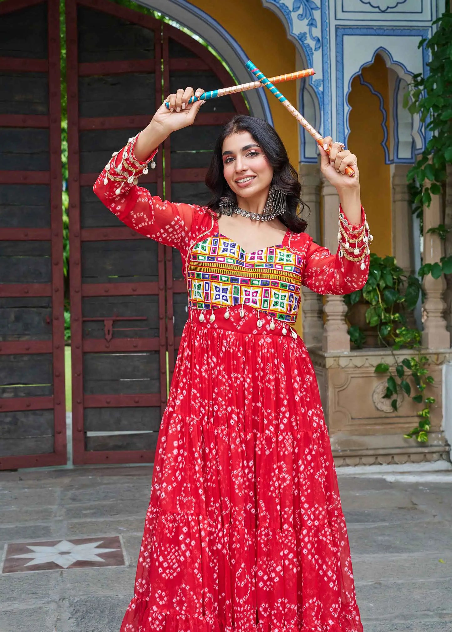 Red Bandhani Print With Kutchi Patch Work Navratri Gown