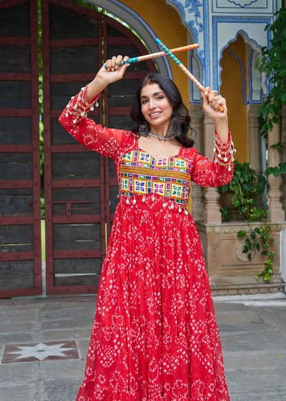 Red Bandhani Print With Kutchi Patch Work Navratri Gown
