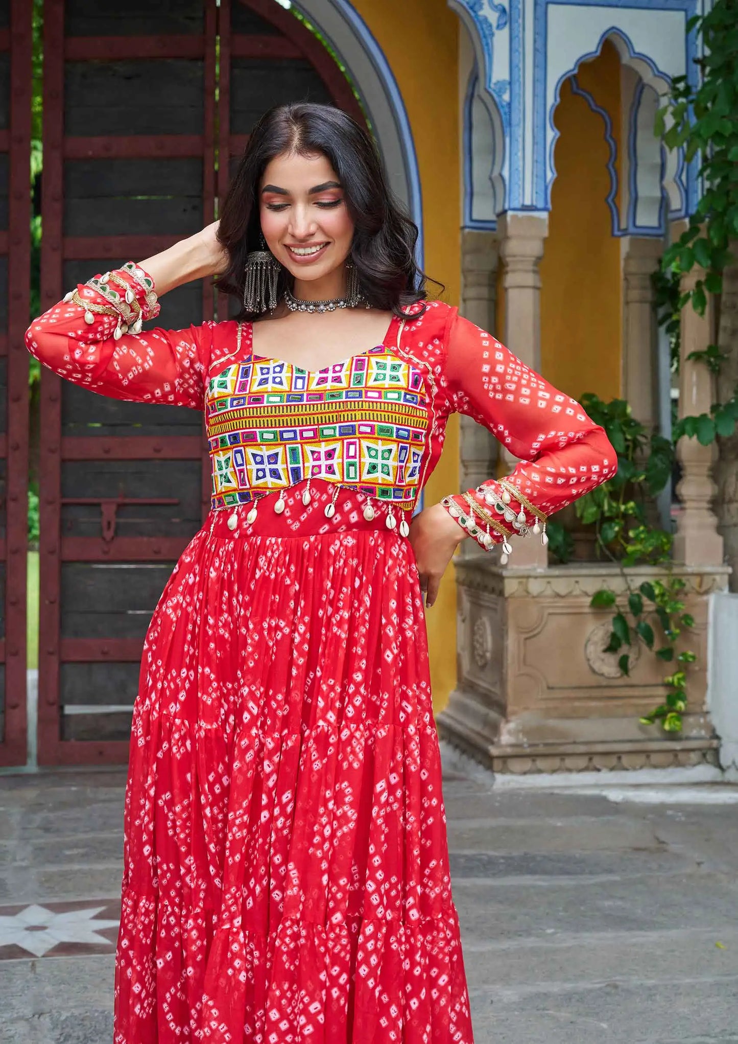 Red Bandhani Print With Kutchi Patch Work Navratri Gown