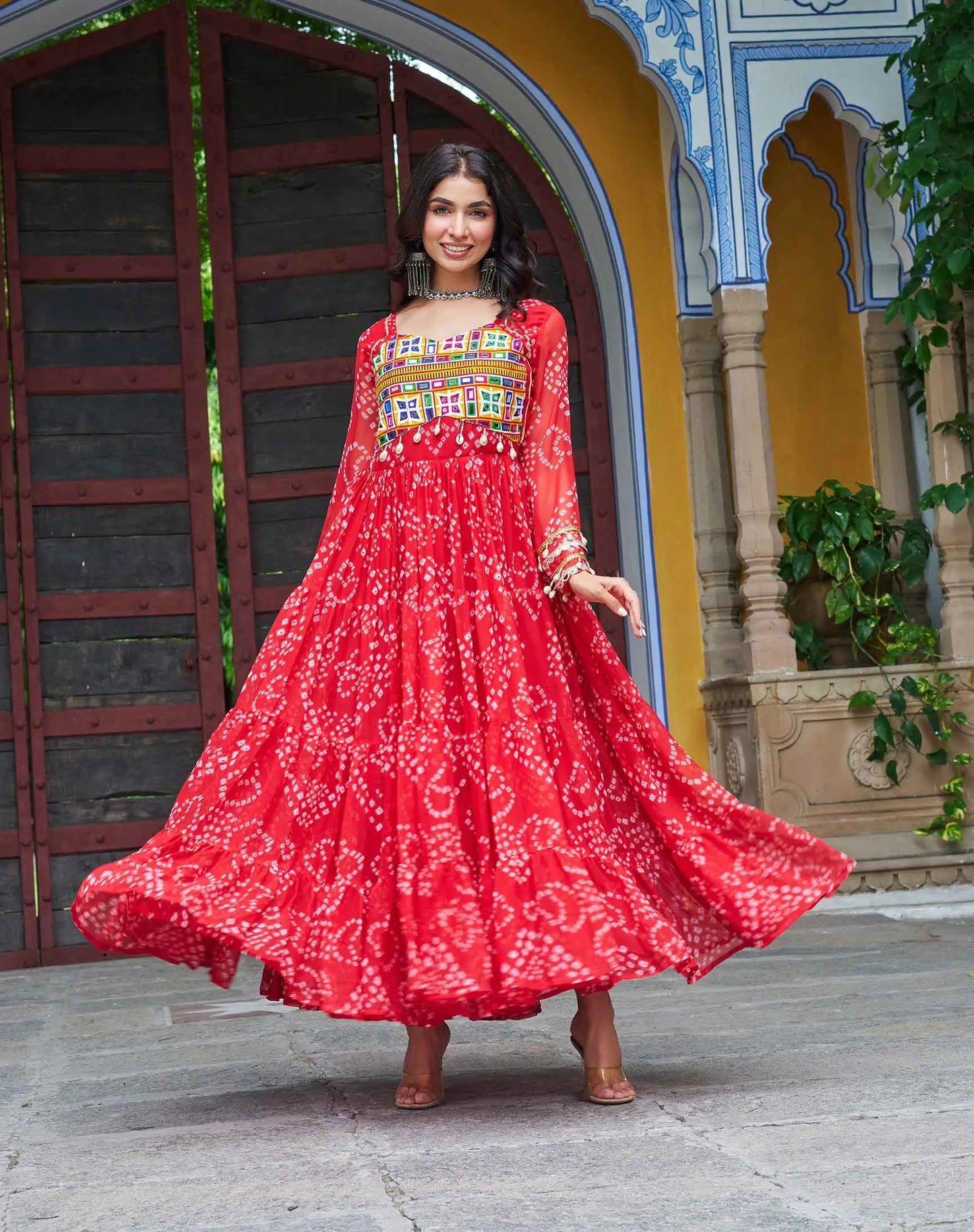 Red Bandhani Print With Kutchi Patch Work Navratri Gown