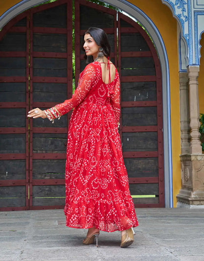 Red Bandhani Print With Kutchi Patch Work Navratri Gown