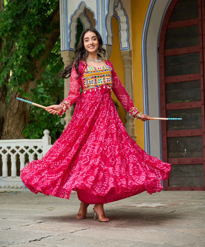 Pink Bandhani Print With Kutchi Patch Work Navratri Gown