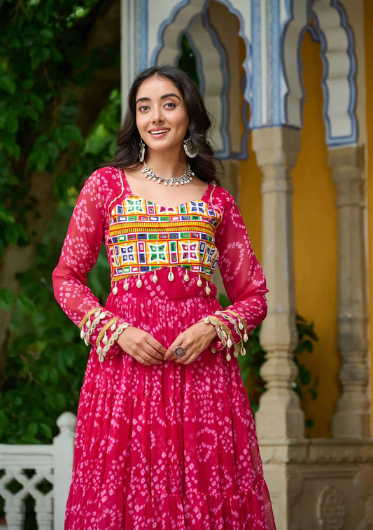 Pink Bandhani Print With Kutchi Patch Work Navratri Gown