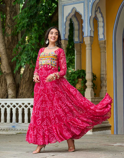Pink Bandhani Print With Kutchi Patch Work Navratri Gown