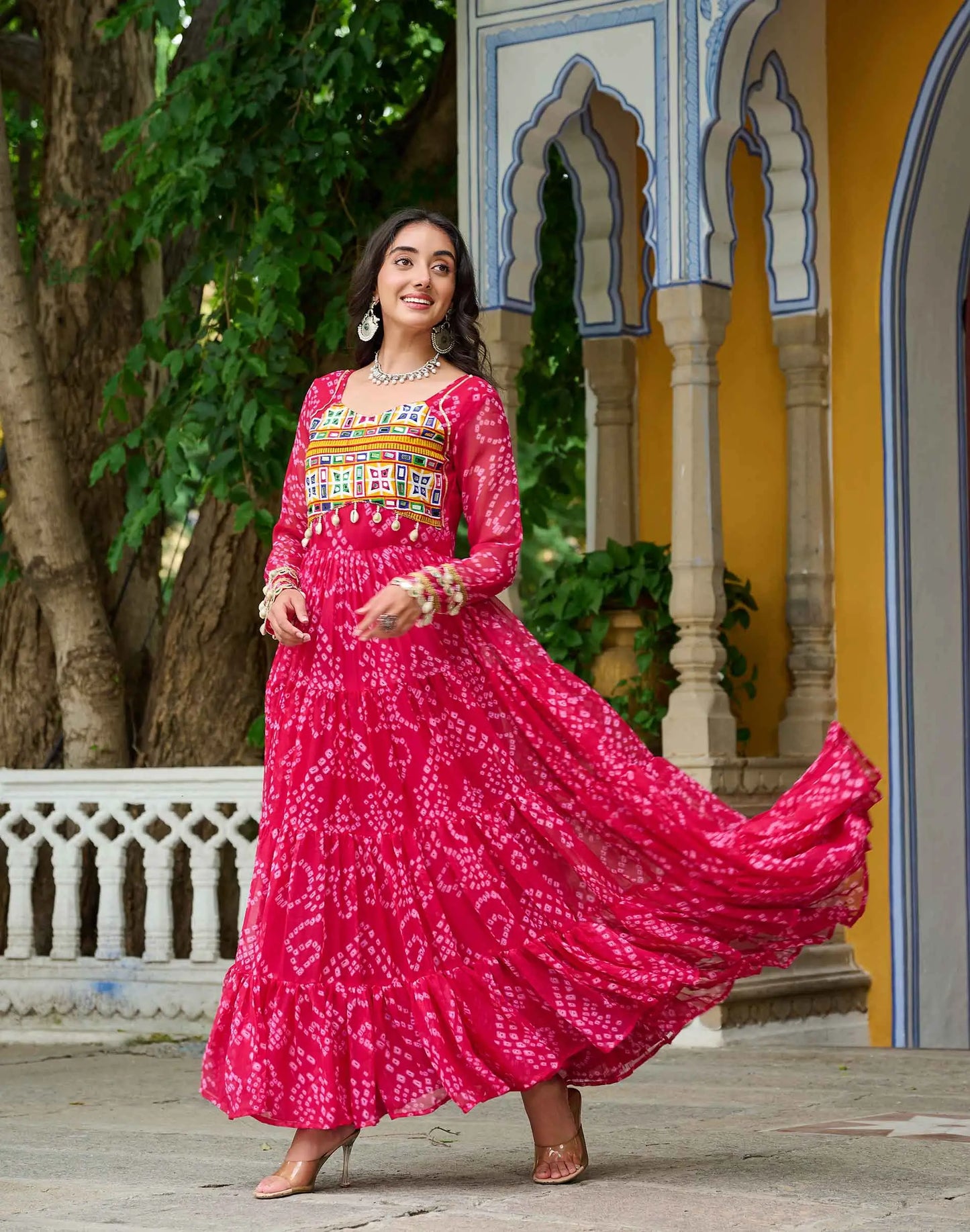 Pink Bandhani Print With Kutchi Patch Work Navratri Gown