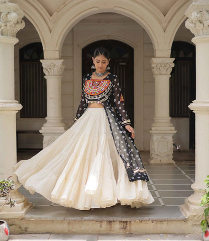 Black Bandhani Print With Gamthi Patch Work Kurti With Lehenga For Navratri