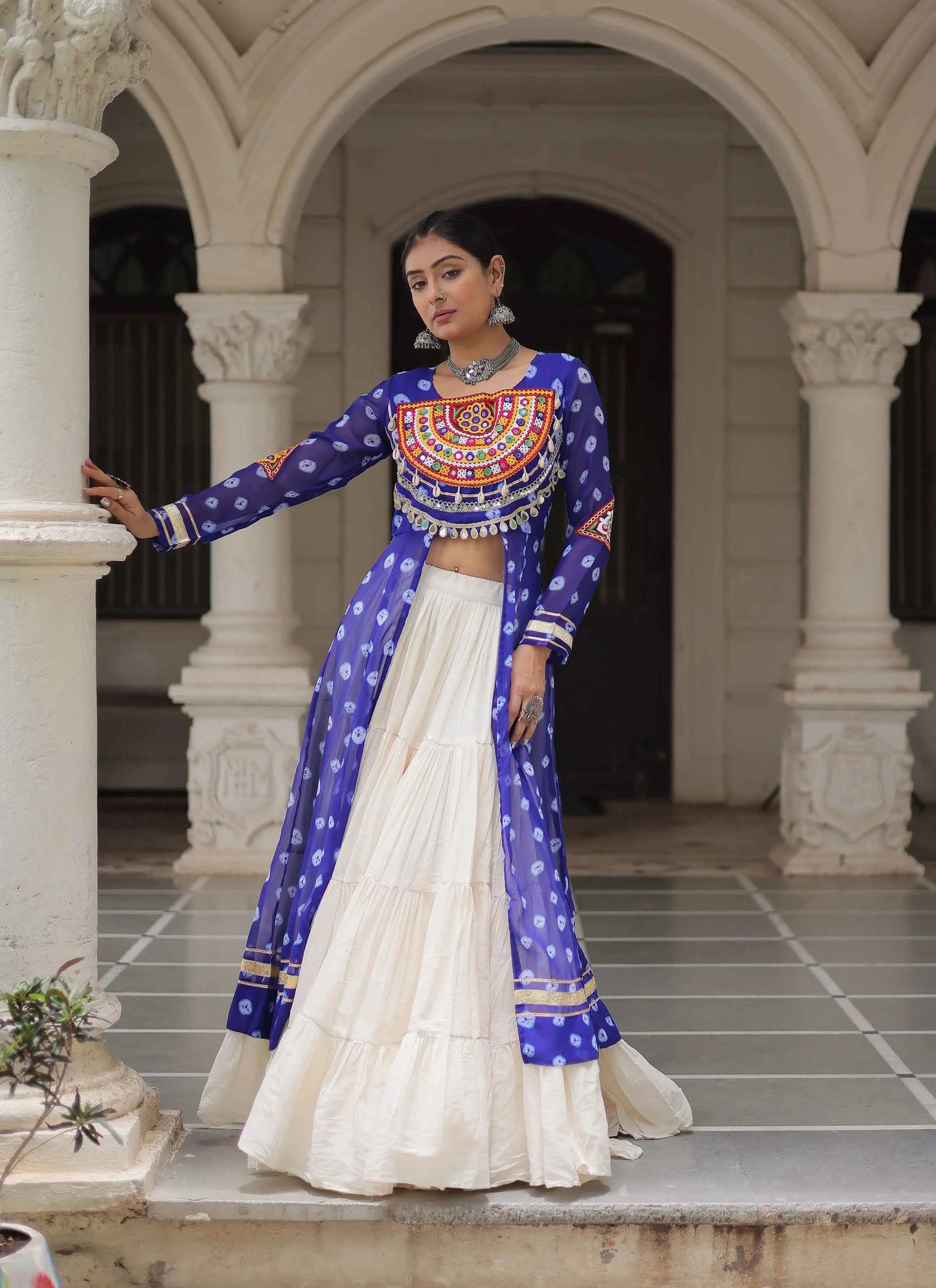 Blue Bandhani Print With Gamthi Patch Work Kurti With Lehenga For Navratri