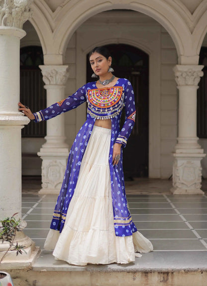 Blue Bandhani Print With Gamthi Patch Work Kurti With Lehenga For Navratri