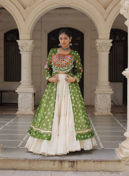 Parrot Bandhani Print With Gamthi Patch Work Kurti With Lehenga For Navratri