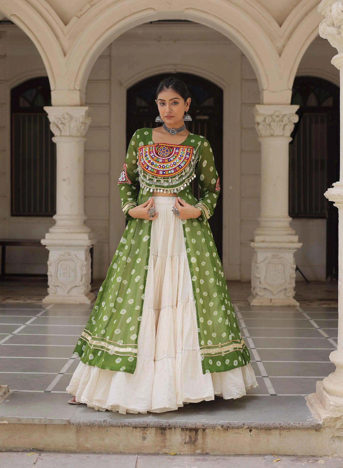 Parrot Bandhani Print With Gamthi Patch Work Kurti With Lehenga For Navratri