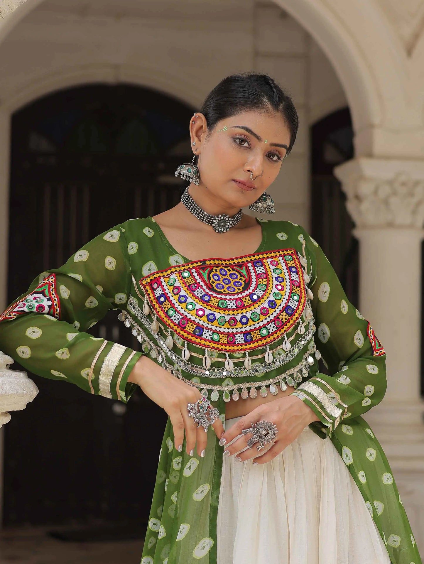 Parrot Bandhani Print With Gamthi Patch Work Kurti With Lehenga For Navratri