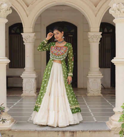 Parrot Bandhani Print With Gamthi Patch Work Kurti With Lehenga For Navratri