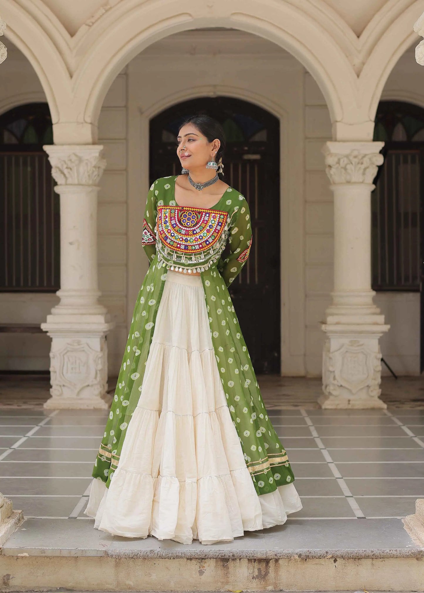 Parrot Bandhani Print With Gamthi Patch Work Kurti With Lehenga For Navratri