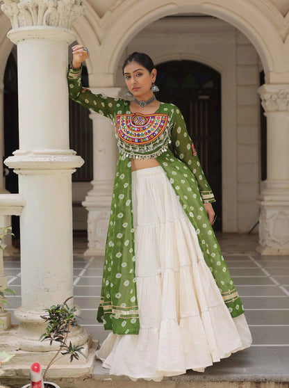 Parrot Bandhani Print With Gamthi Patch Work Kurti With Lehenga For Navratri