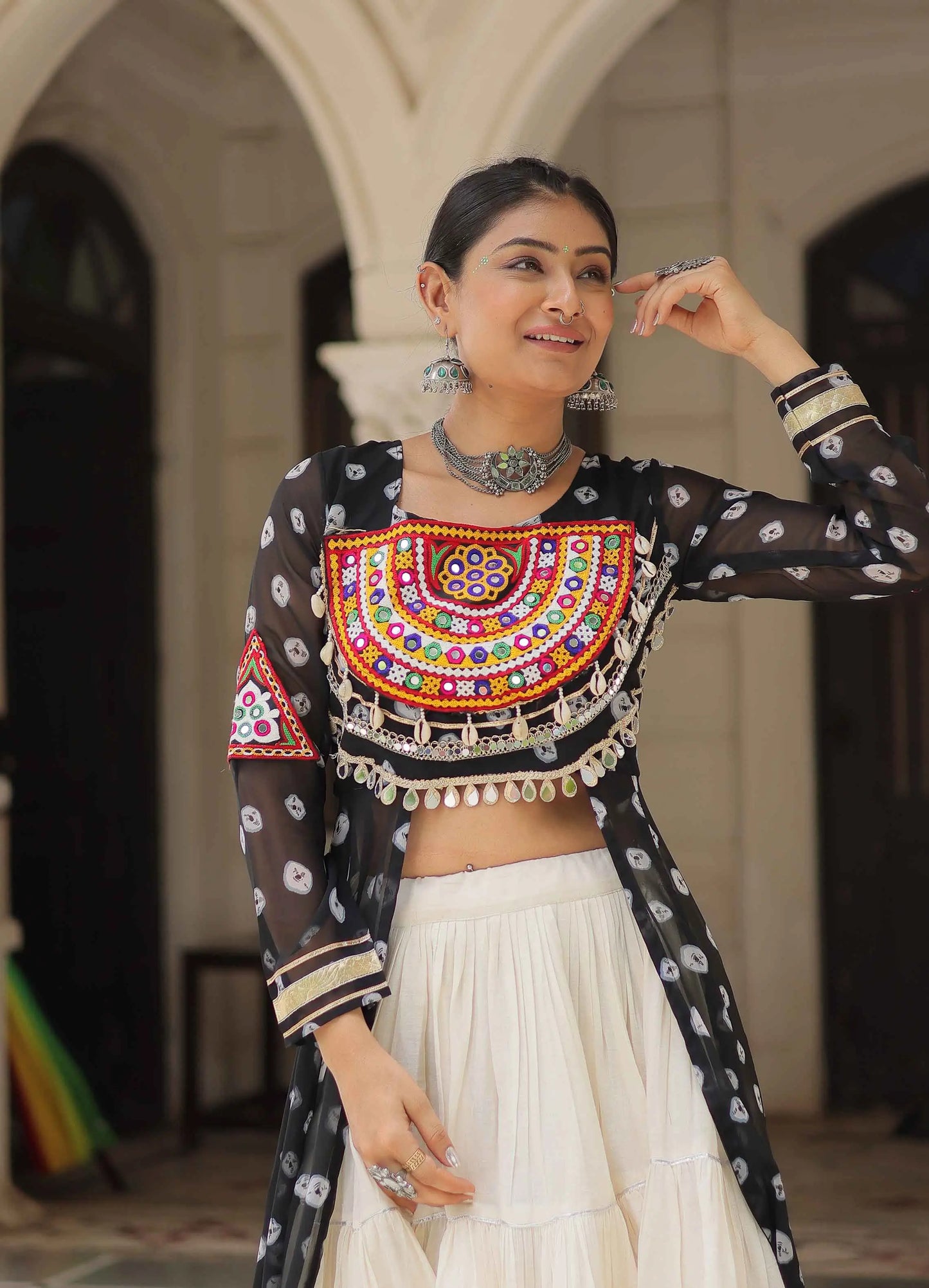 Black Bandhani Print With Gamthi Patch Work Kurti With Lehenga For Navratri