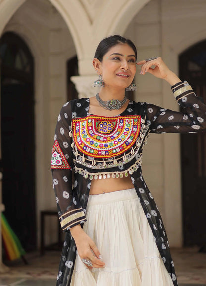 Black Bandhani Print With Gamthi Patch Work Kurti With Lehenga For Navratri
