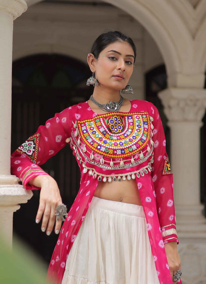 Pink Bandhani Print With Gamthi Patch Work Kurti With Lehenga For Navratri