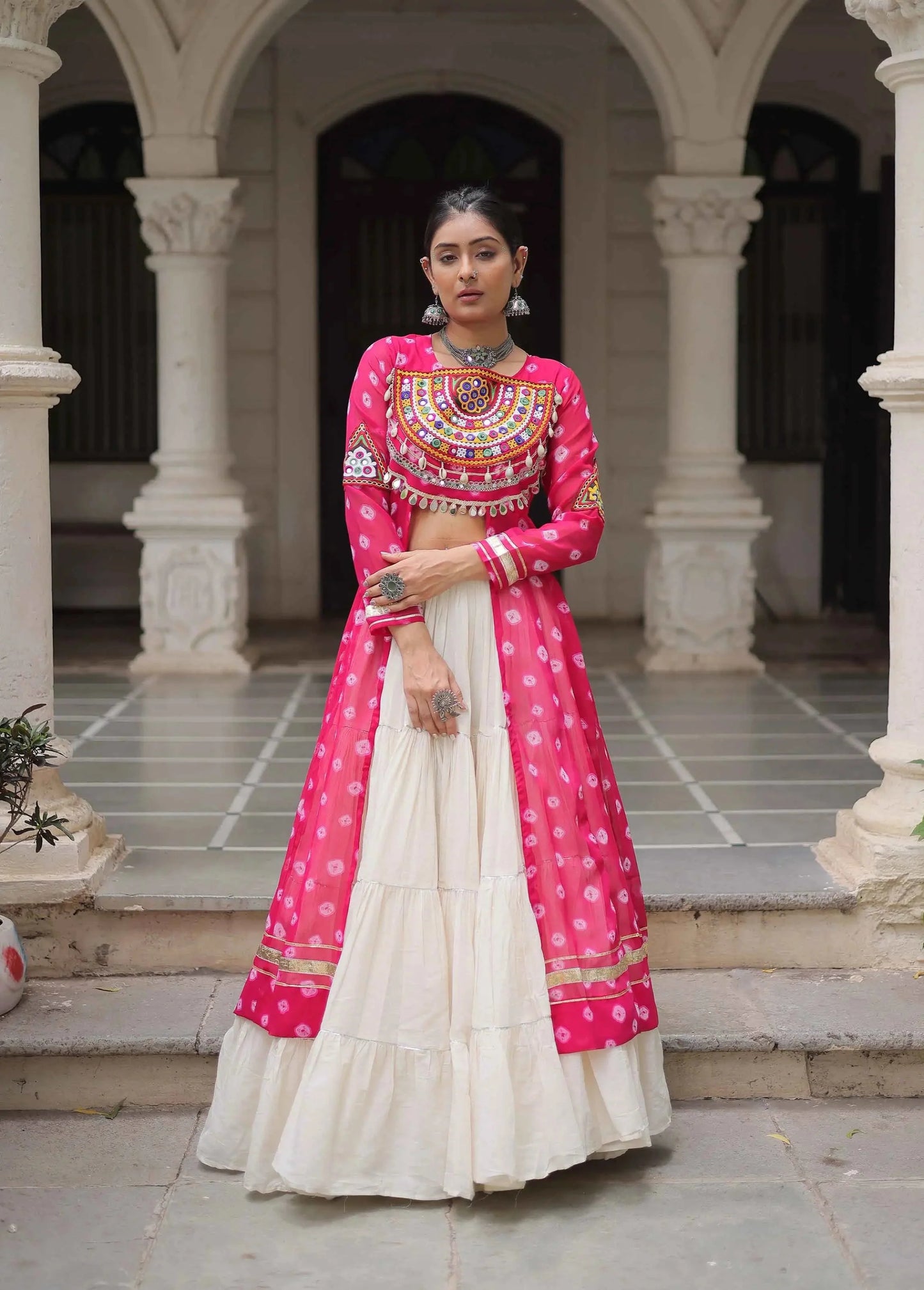 Pink Bandhani Print With Gamthi Patch Work Kurti With Lehenga For Navratri