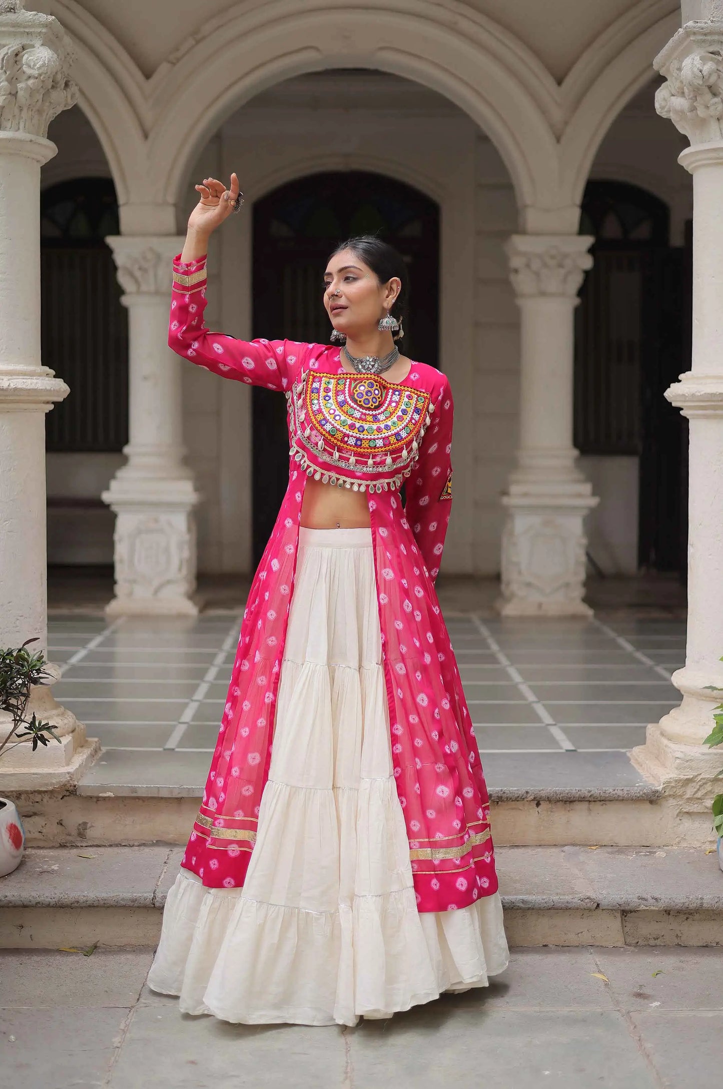 Pink Bandhani Print With Gamthi Patch Work Kurti With Lehenga For Navratri