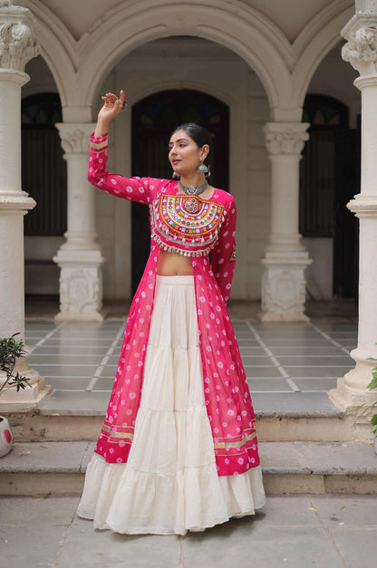 Pink Bandhani Print With Gamthi Patch Work Kurti With Lehenga For Navratri
