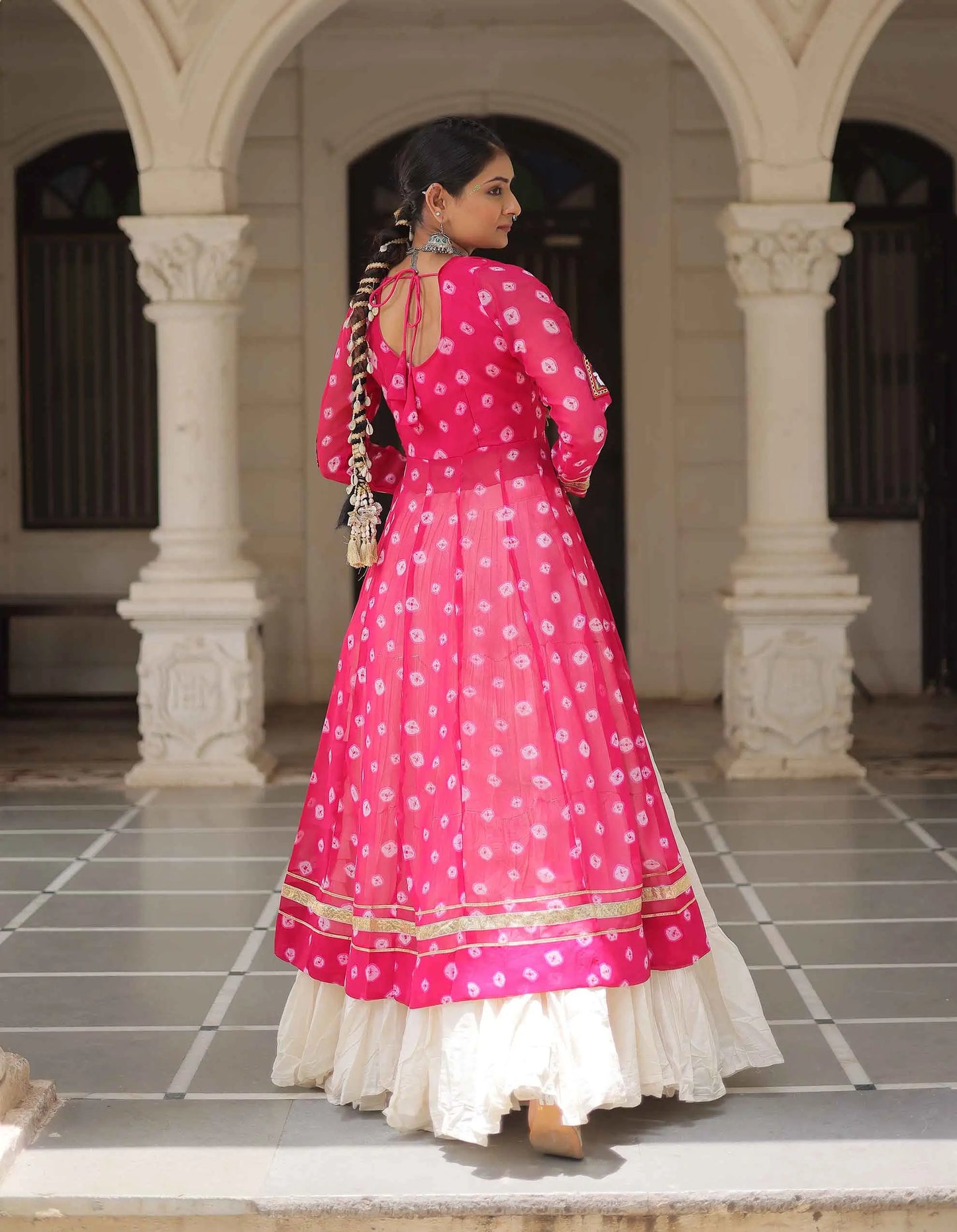 Pink Bandhani Print With Gamthi Patch Work Kurti With Lehenga For Navratri