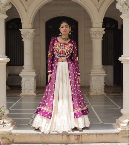 Wine Bandhani Print With Gamthi Patch Work Kurti With Lehenga For Navratri