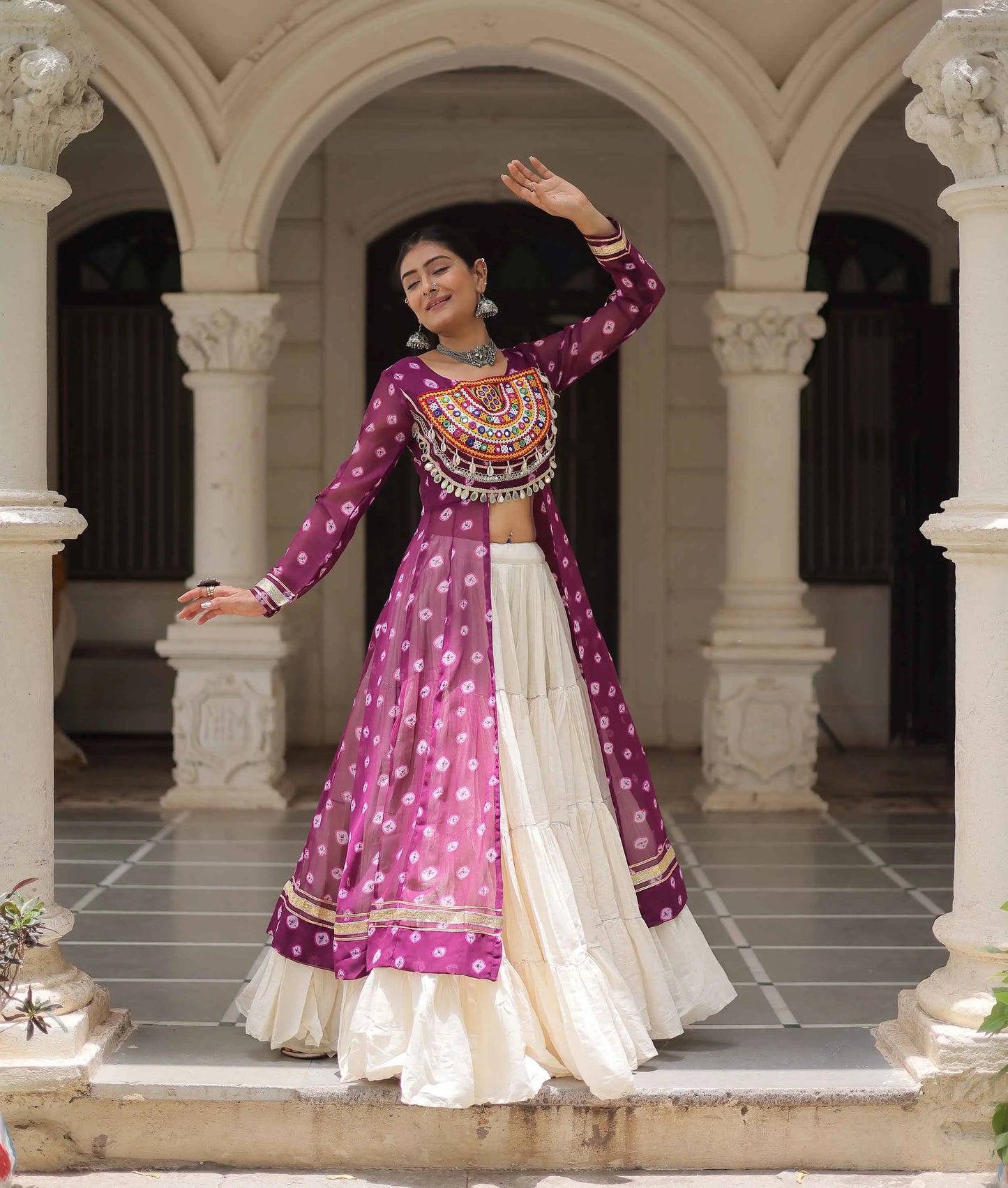 Wine Bandhani Print With Gamthi Patch Work Kurti With Lehenga For Navratri