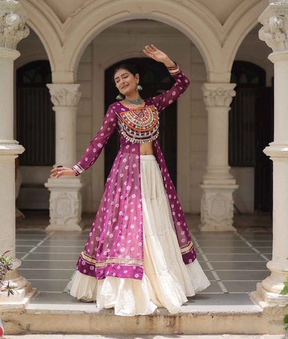 Wine Bandhani Print With Gamthi Patch Work Kurti With Lehenga For Navratri