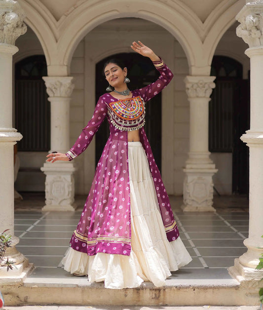 Wine Bandhani Print With Gamthi Patch Work Kurti With Lehenga For Navratri